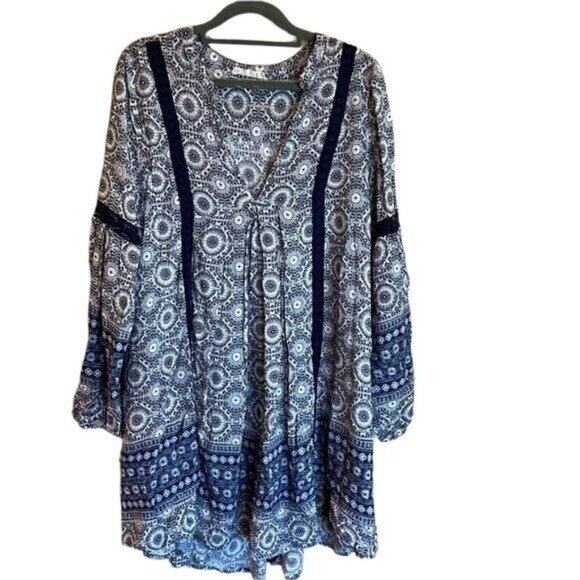 Altar’d State navy white bohemian flowy print dress crocheted accents Large - Picture 1 of 15